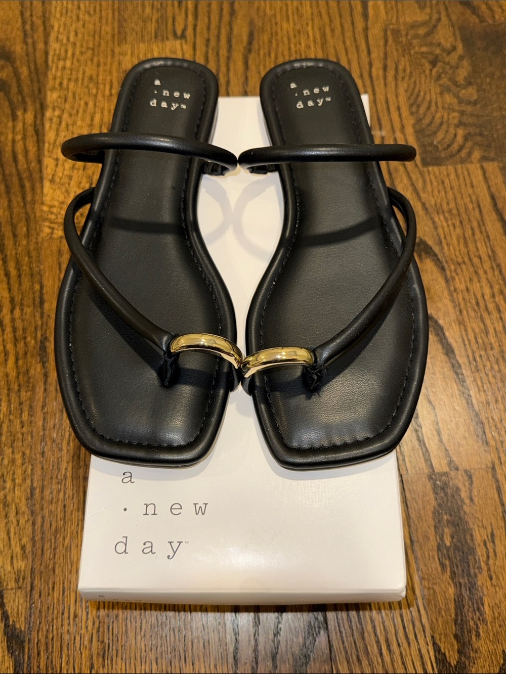 New in Box Black Square-Toe Thong Sandals with Gold Ring Accent